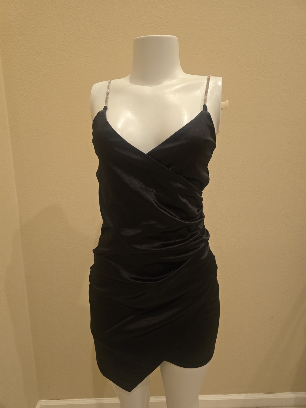 Brand New! Black Satin Mini Dress with Rhinestone Straps